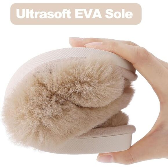 Women's Fuzzy Slippers Cross Band Camel Memory Foam House Slippers Open Toe - Picture 4 of 5